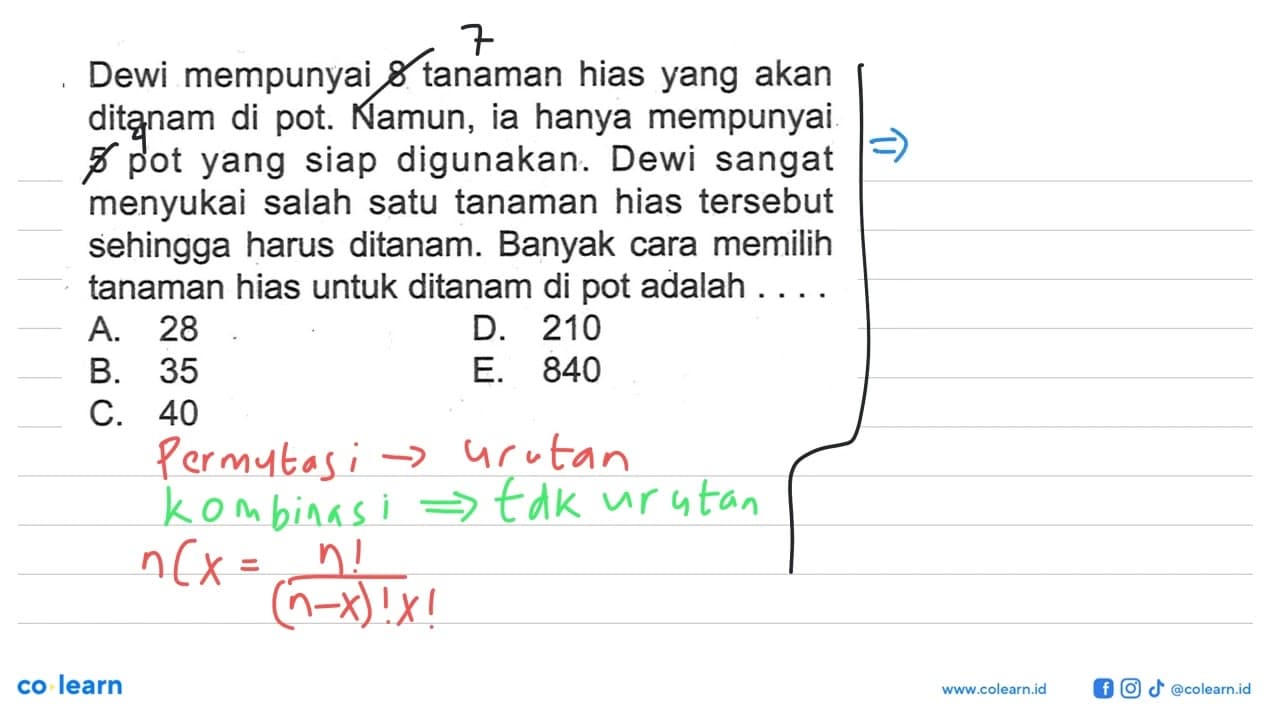 Dewi mempunyai 8 tanaman hias yang akan ditanam di pot.