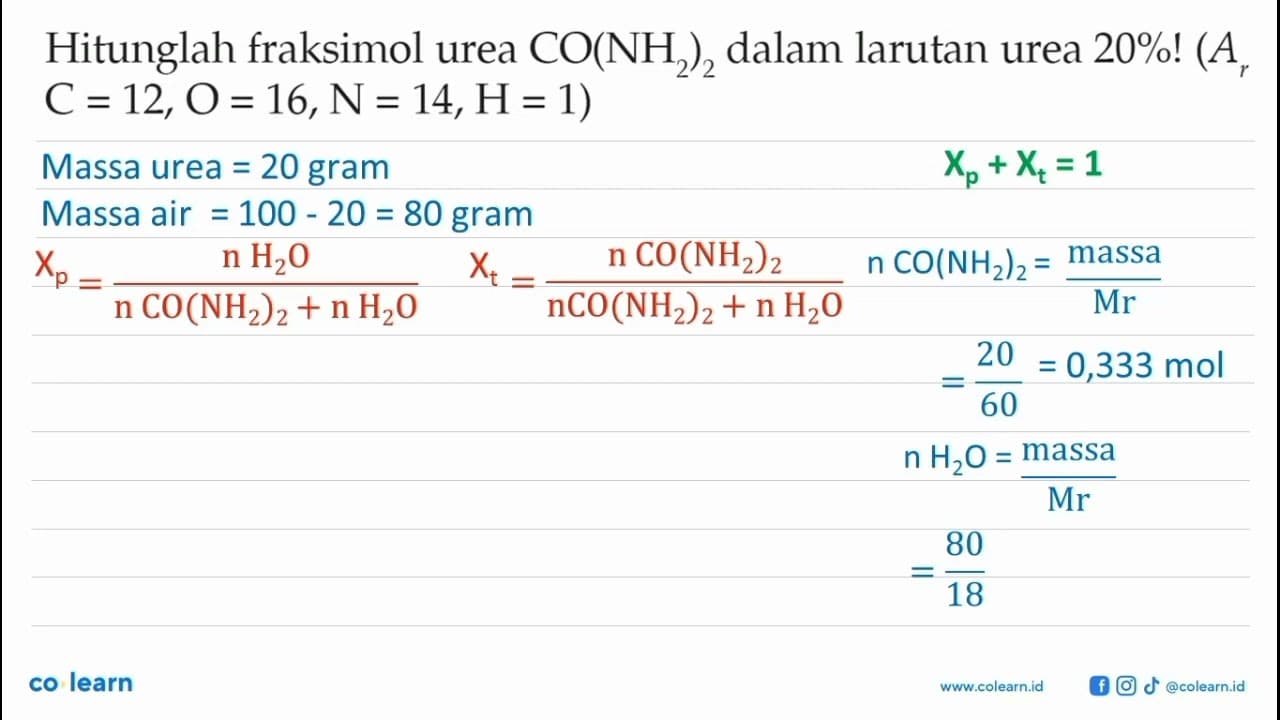 Hitunglah fraksimol urea CO(NH2)2 dalam larutan urea 20%!