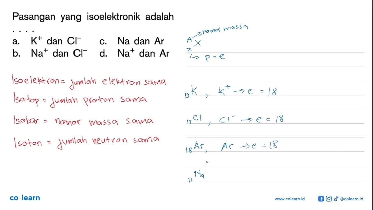 Pasangan yang isoelektronik adalah a. K^+ dan Cl^- c. Na