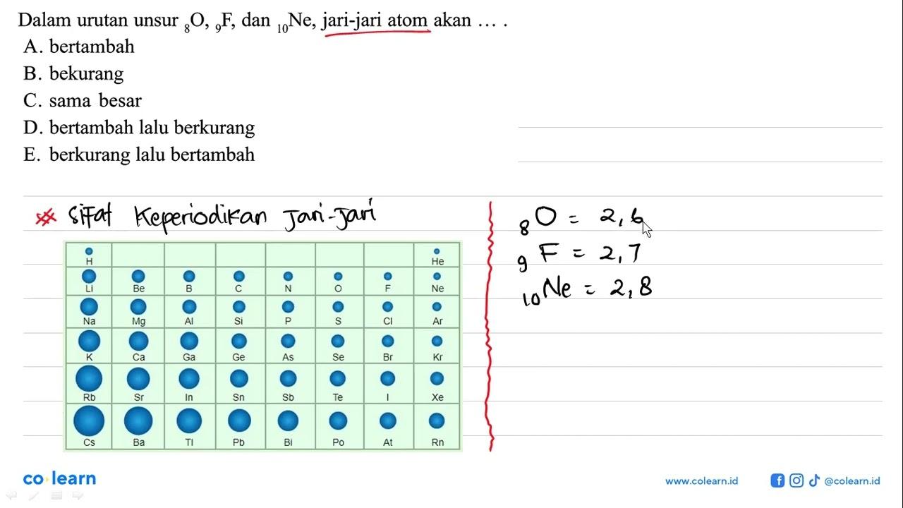 Dalam urutan unsur 8O, 9F, dan 10Ne, jari-jari atom akan