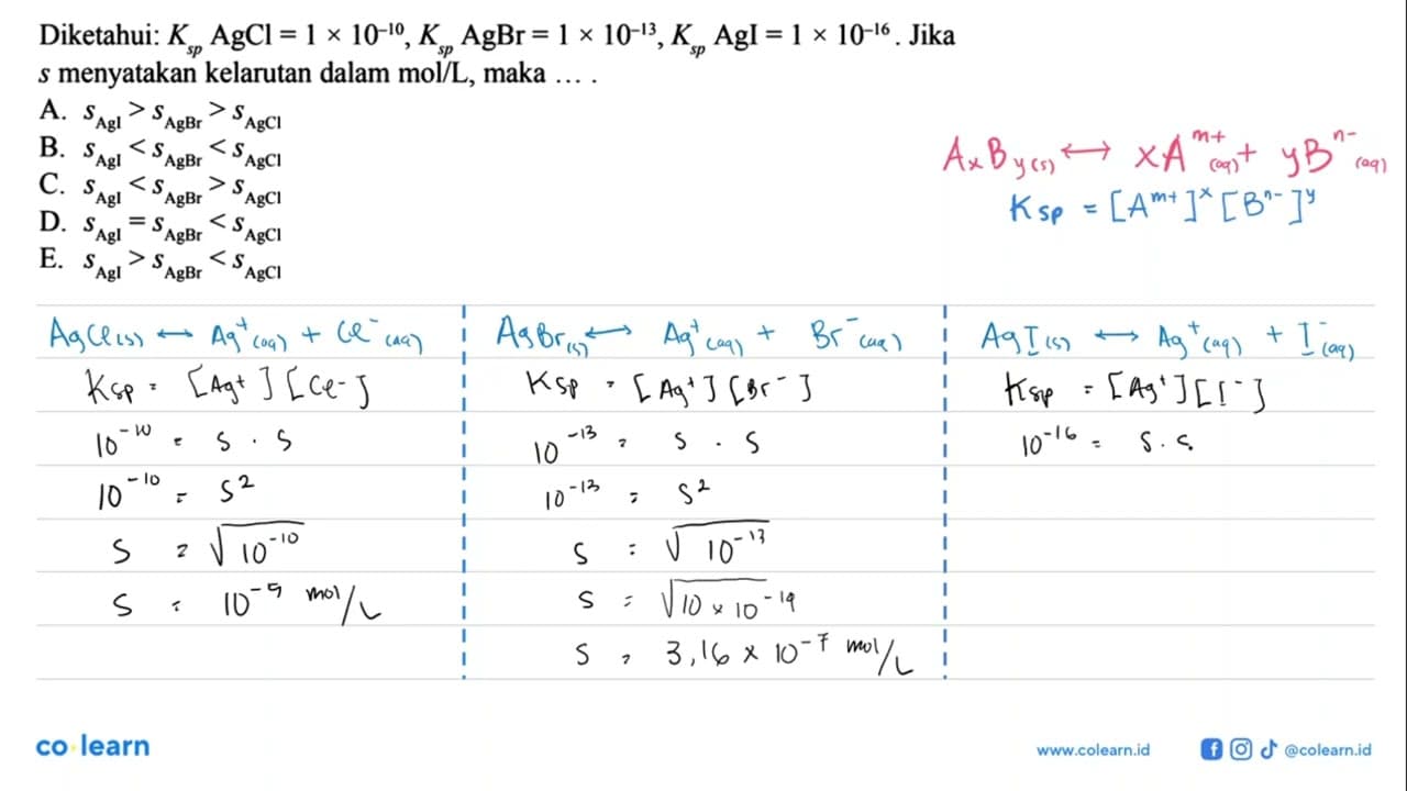 Diketahui: Ksp AgCl=1x10^(-10), Ksp AgBr=1x10^(-13), Ksp