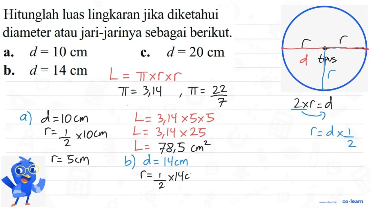 Hitunglah luas lingkaran jika diketahui diameter atau