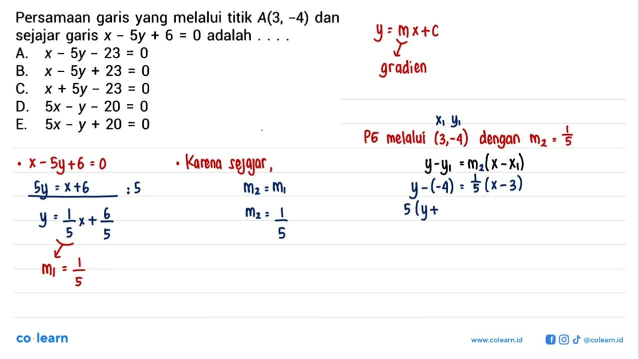 Persamaan garis yang melalui titik A(3,-4) dan sejajar