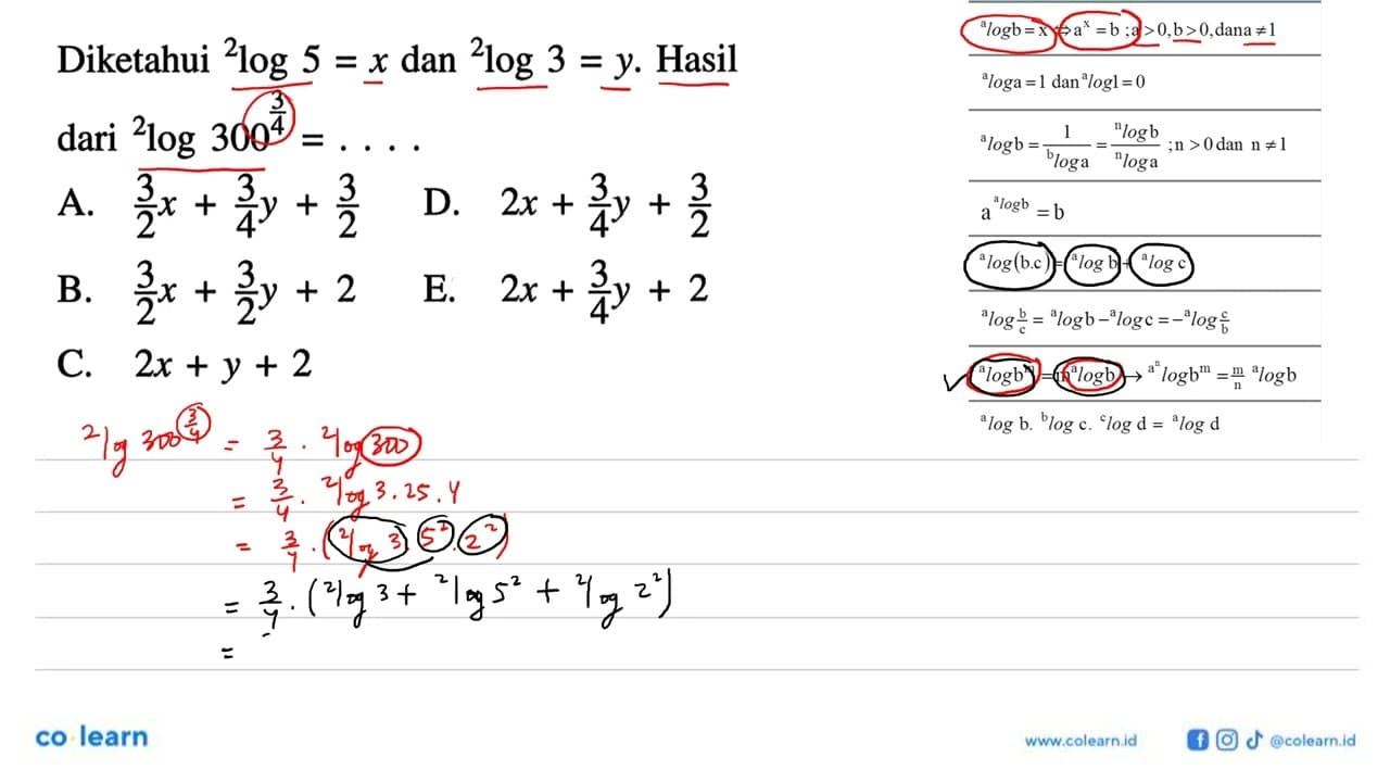 Diketahui 2 log 5 = x dan 2 log 3 = y. Hasil dari 2 log