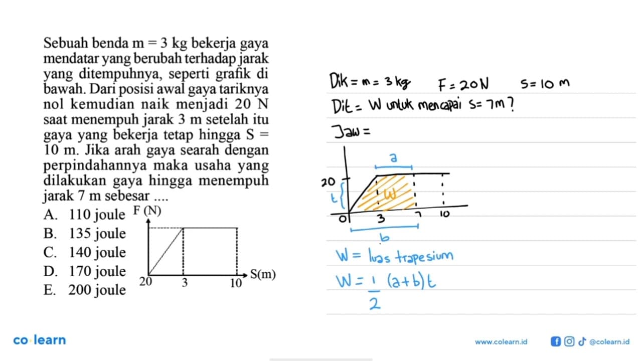 Sebuah benda m=3 kg bekerja gaya mendatar yang berubah