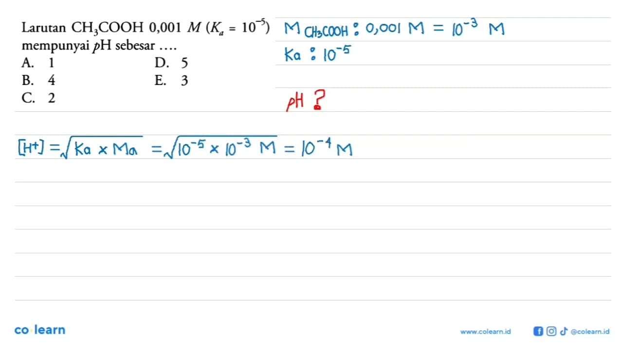 Larutan CH3COOH 0,001 M(Ka=10^-5) mempunyai pH sebesar ....