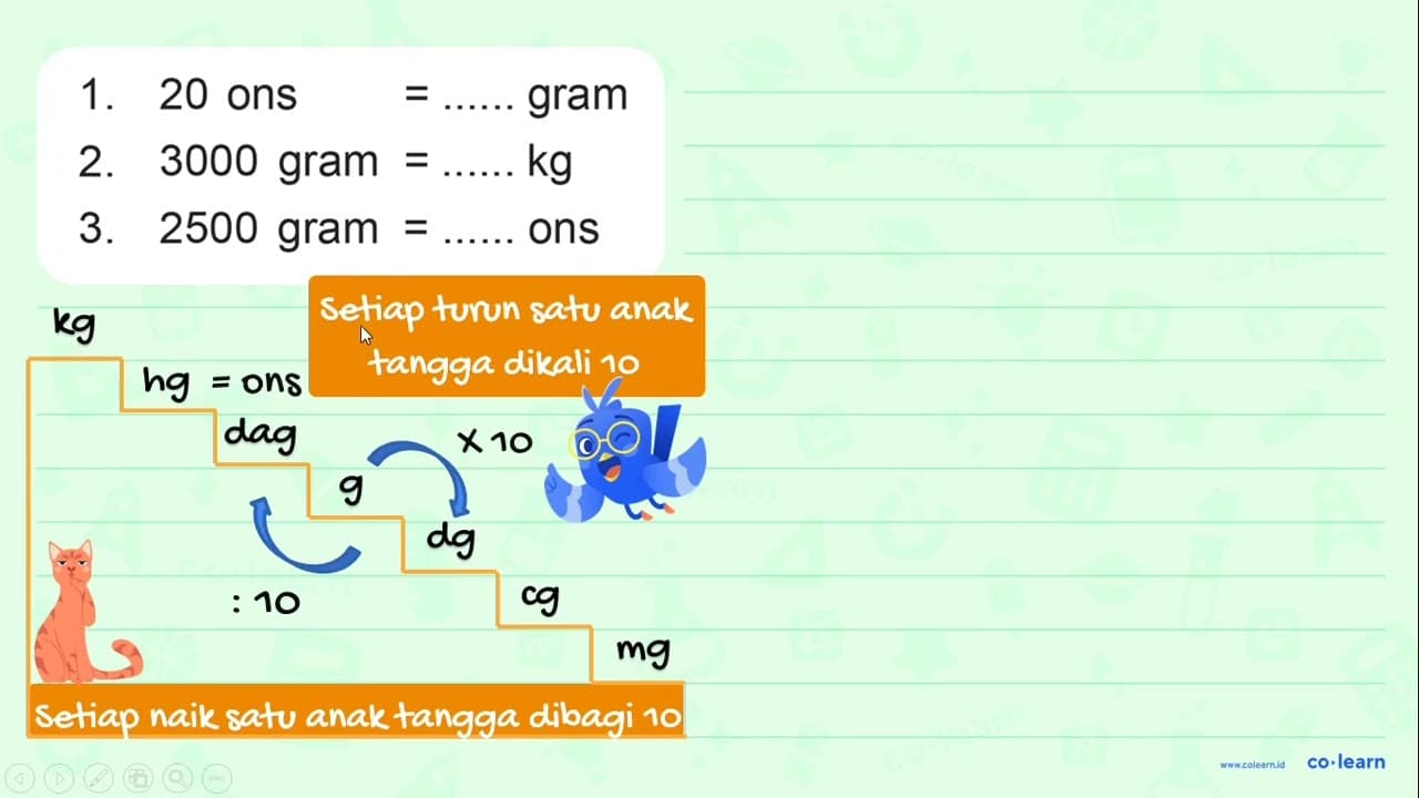 1. 20 ons = .... gram 2. 3000 gram = .... kg 3. 2500 gram =