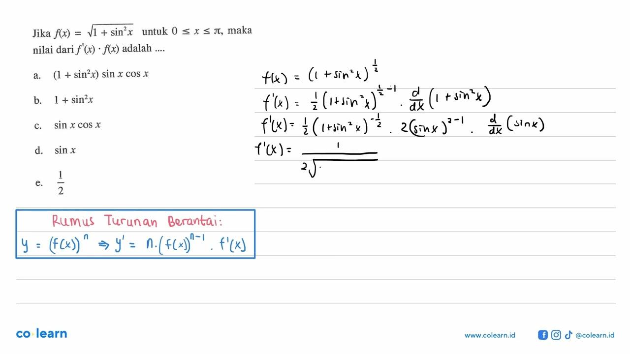 Jika f(x)=akar(1+sin^2x) untuk 0<=x<=pi, maka nilai dari