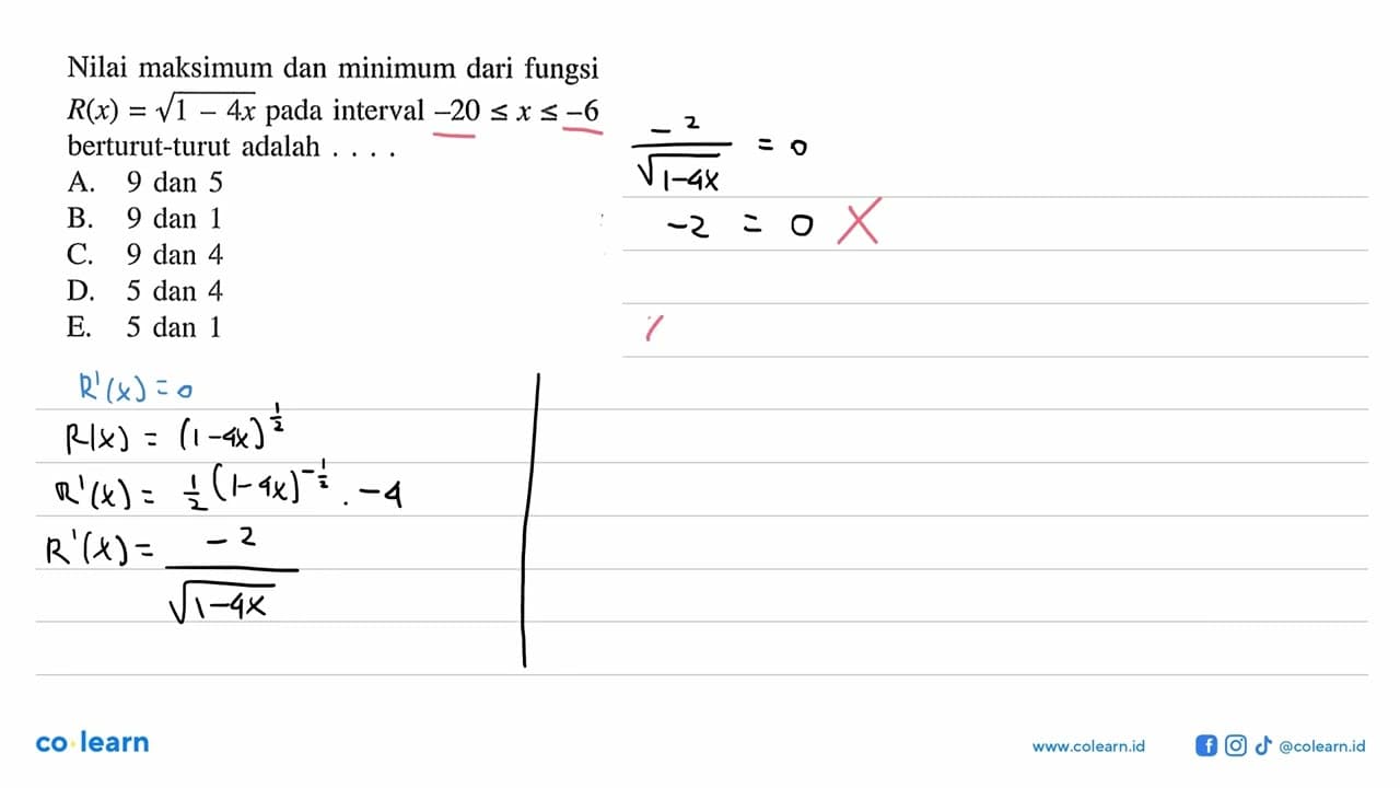 Nilai maksimum dan minimum dari fungsi R(x)=akar(1-4x) pada