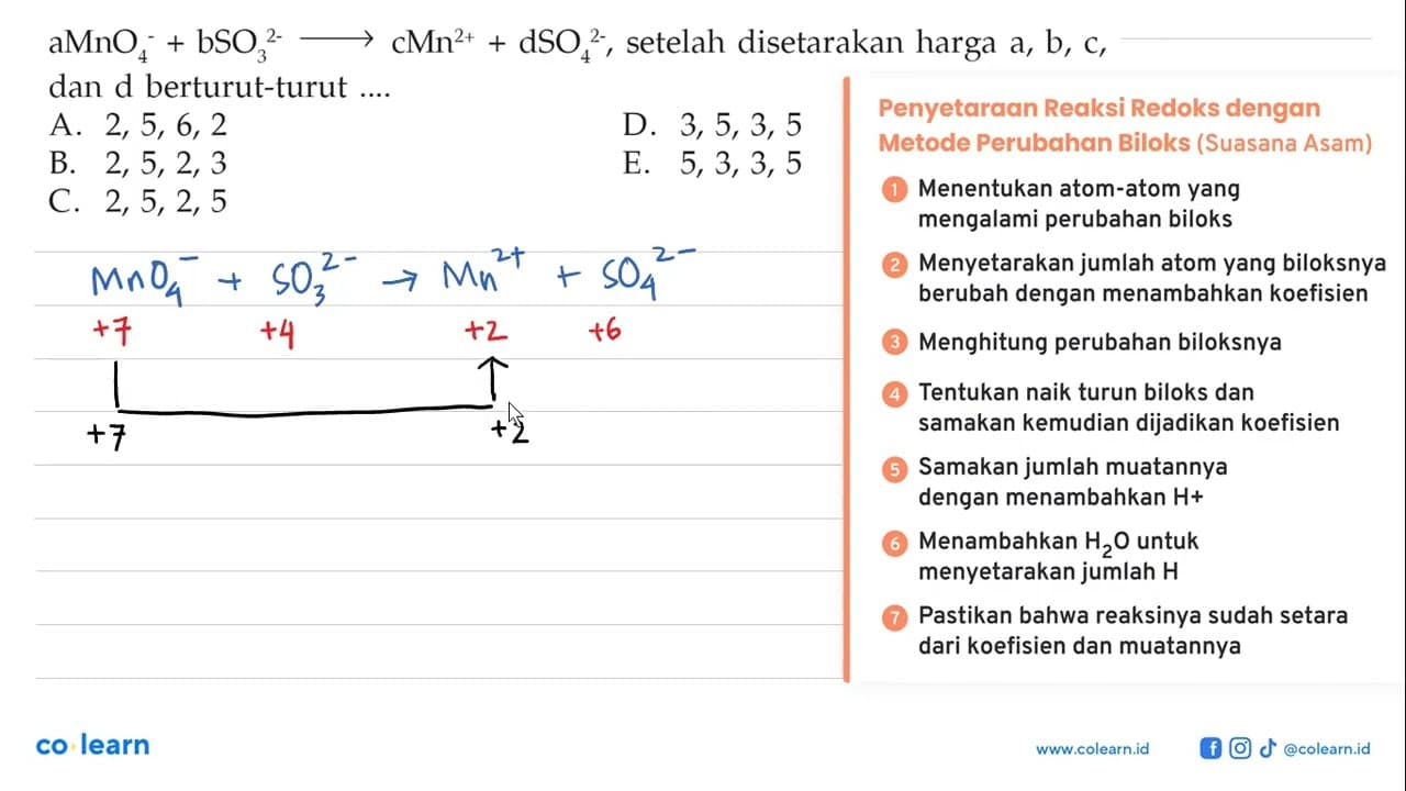 aMnO4^-+bSO3^(2-) -> cMn^(2+)+dSO4^(2-), setelah