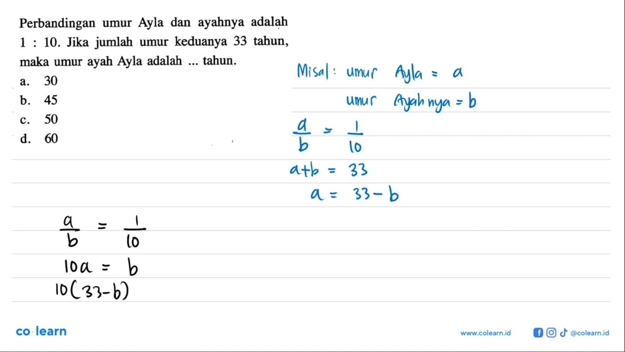 Perbandingan umur Ayla dan ayahnya adalah 1: 10 . Jika