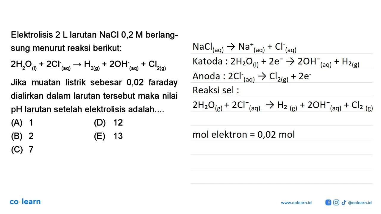 Elektrolisis 2 L larutan NaCl 0,2 M berlangsung menurut