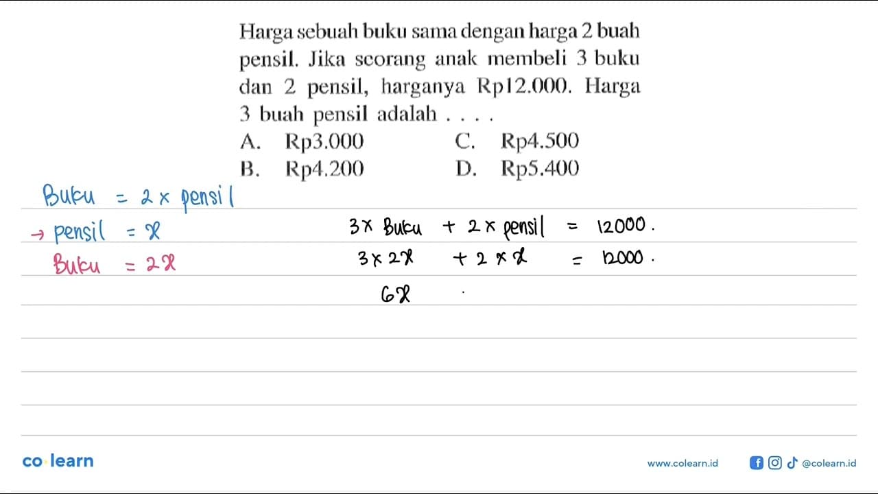 Harga seluah buku sama dengan harga 2 buah pensil. Jika