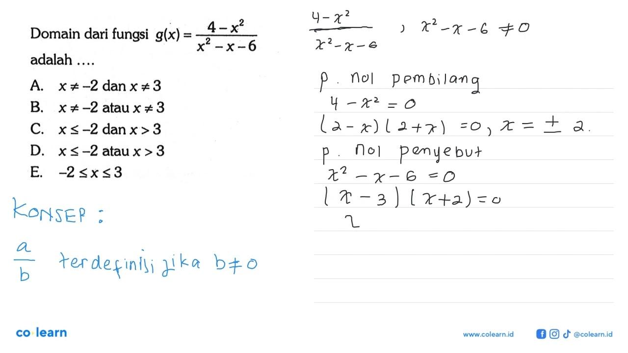 Domain dari fungsi g(x)=(4-x^2)/(x^2-x-6) adalah ....