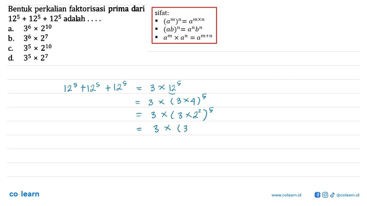 Bentuk perkalian faktorisasi prima dari 12^5 + 12^5 + 12^5