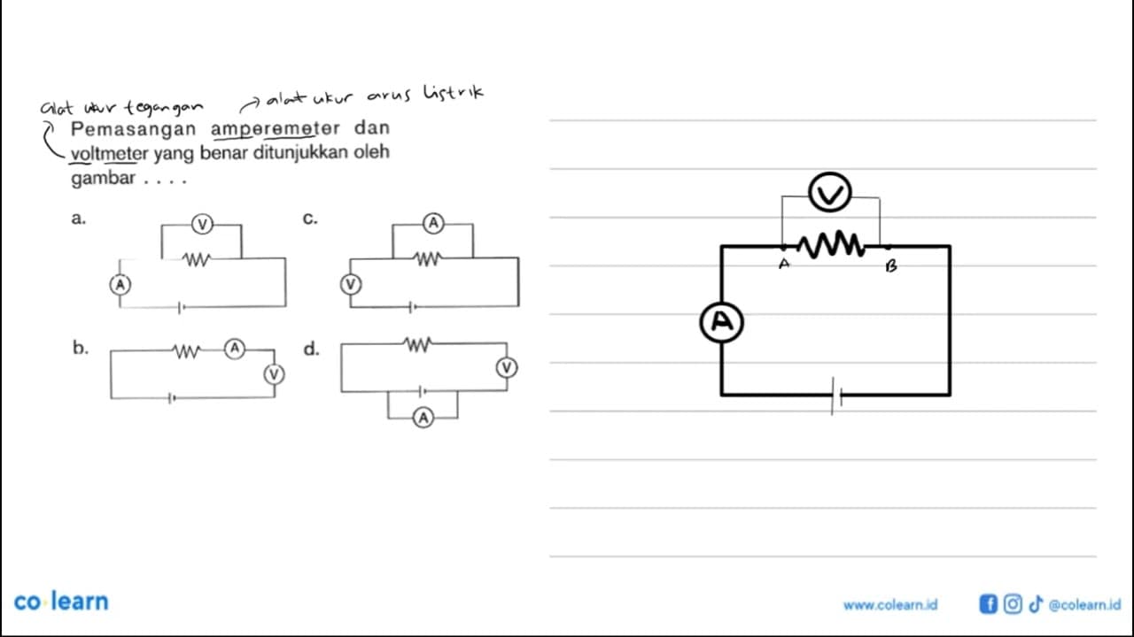 Pemasangan amperemeter dan voltmeter yang benar ditunjukkan