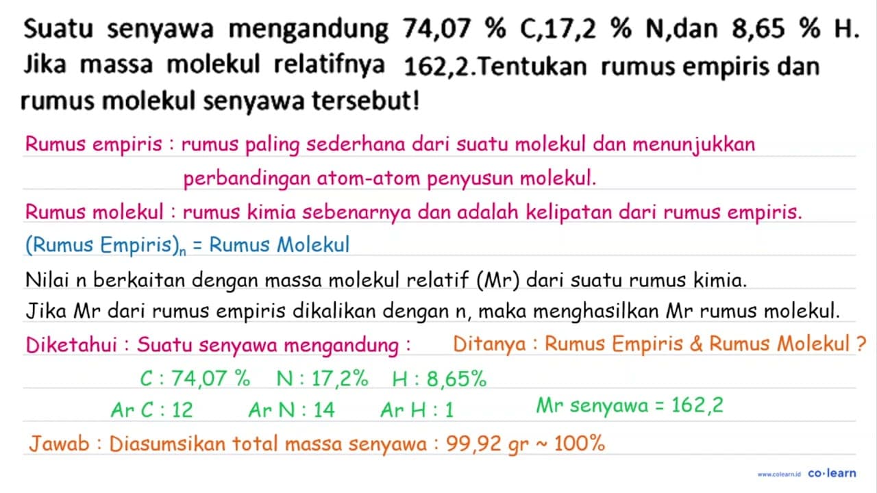 Suatu senyawa mengandung 74,07 % C,17,2 % N,dan 8,65 % H .