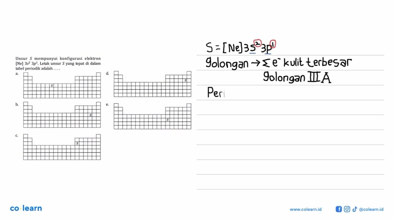 Unsur S mempunyai konfigurasi elektron [Ne] 3s^2 3p^1.