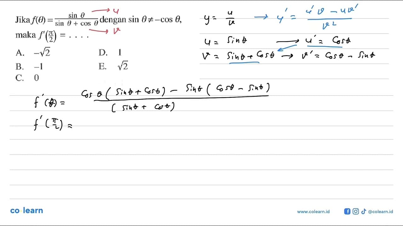 Jika f(theta) dengan sin theta/sin theta + cos theta,