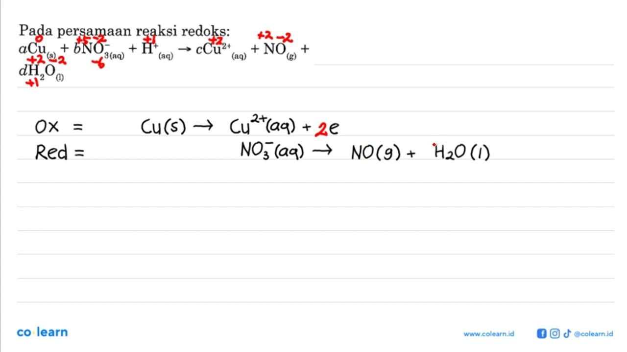 Pada persamaan reaksi redoks: aCu(s)+bNO3^-(aq)+H^+(aq) ->