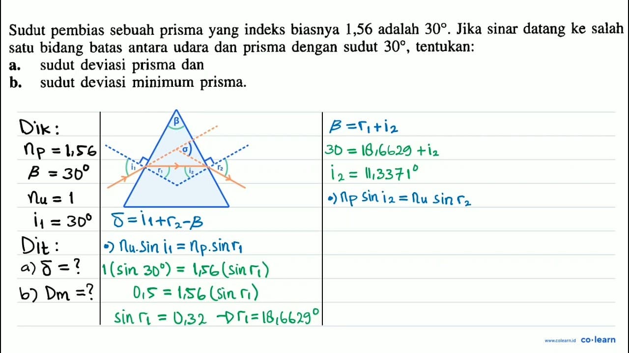 Sudut pembias sebuah prisma yang indeks biasnya 1,56 adalah