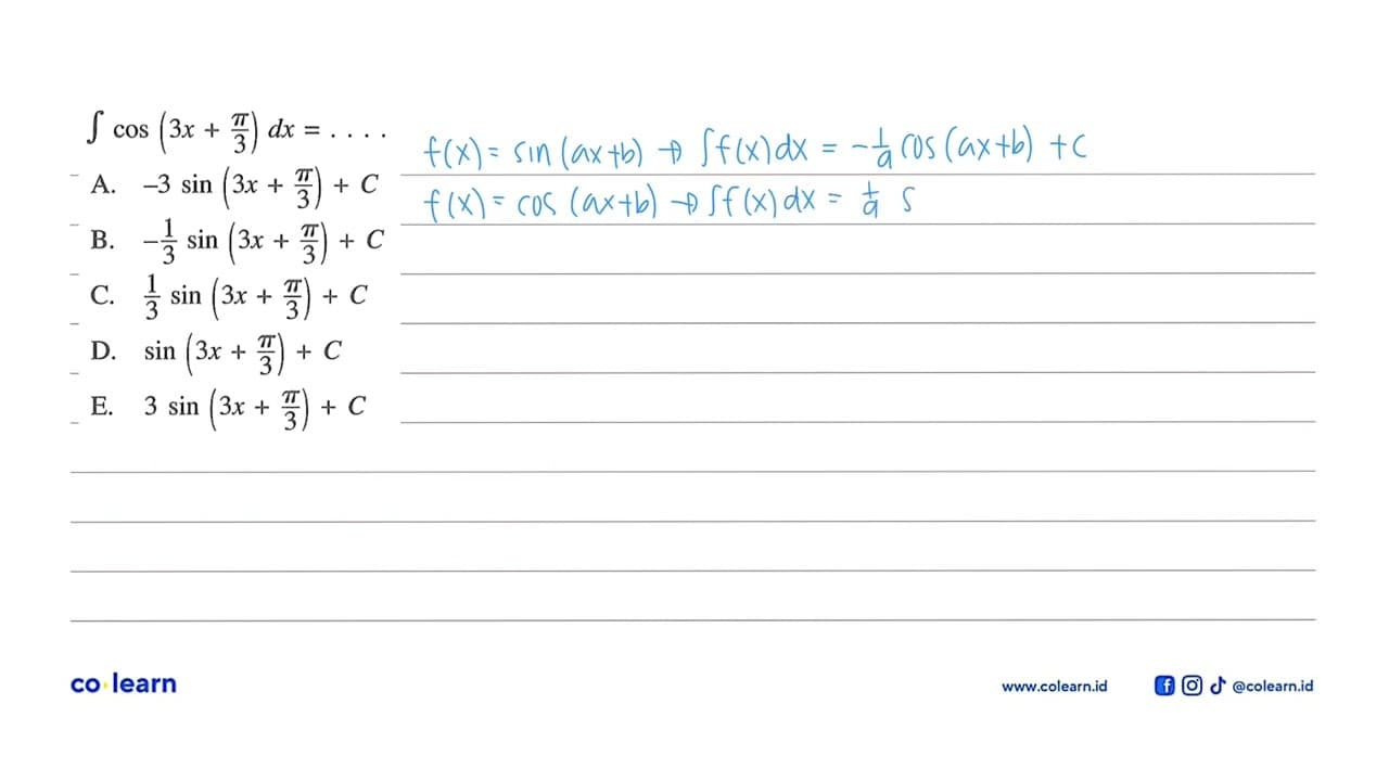 integral cos (3x+pi/3) dx=...