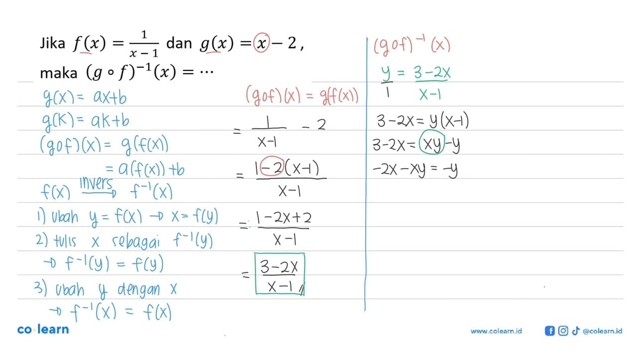 Jika f(x)=1/(x-1) dan g(x)=x-2, maka (gof)^-1(x)=...