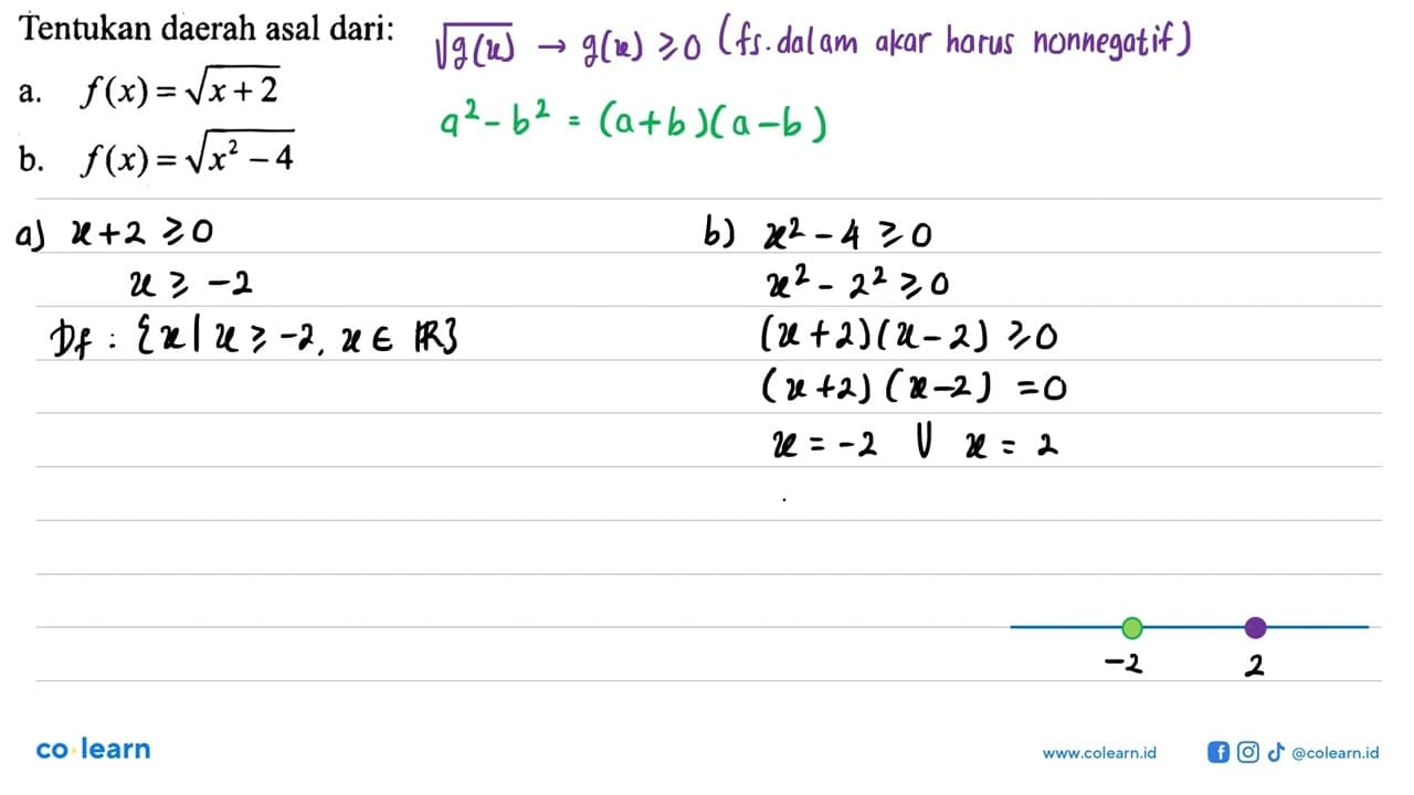 Tentukan daerah asal dari: a. f(x)=akar(x+2) b.