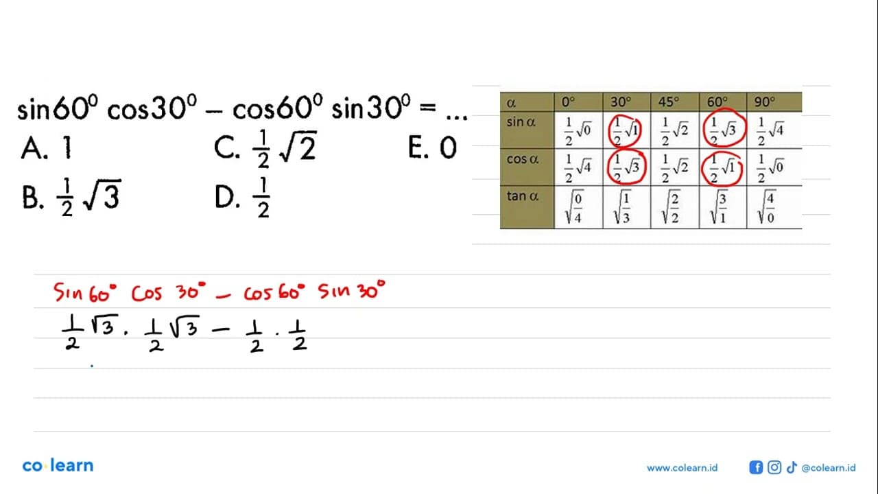 sin60 cos30 - cos60 sin30=...