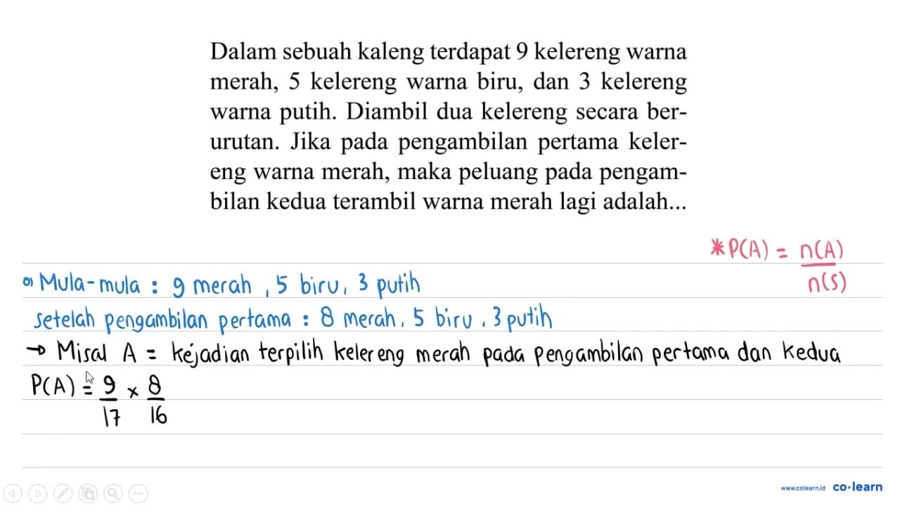 Dalam sebuah kaleng terdapat 9 kelereng warna merah, 5