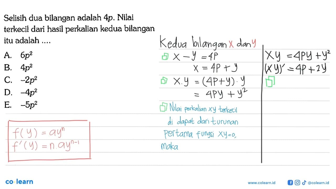 Selisih dua bilangan adalah 4p. Nilai terkecil dari hasil