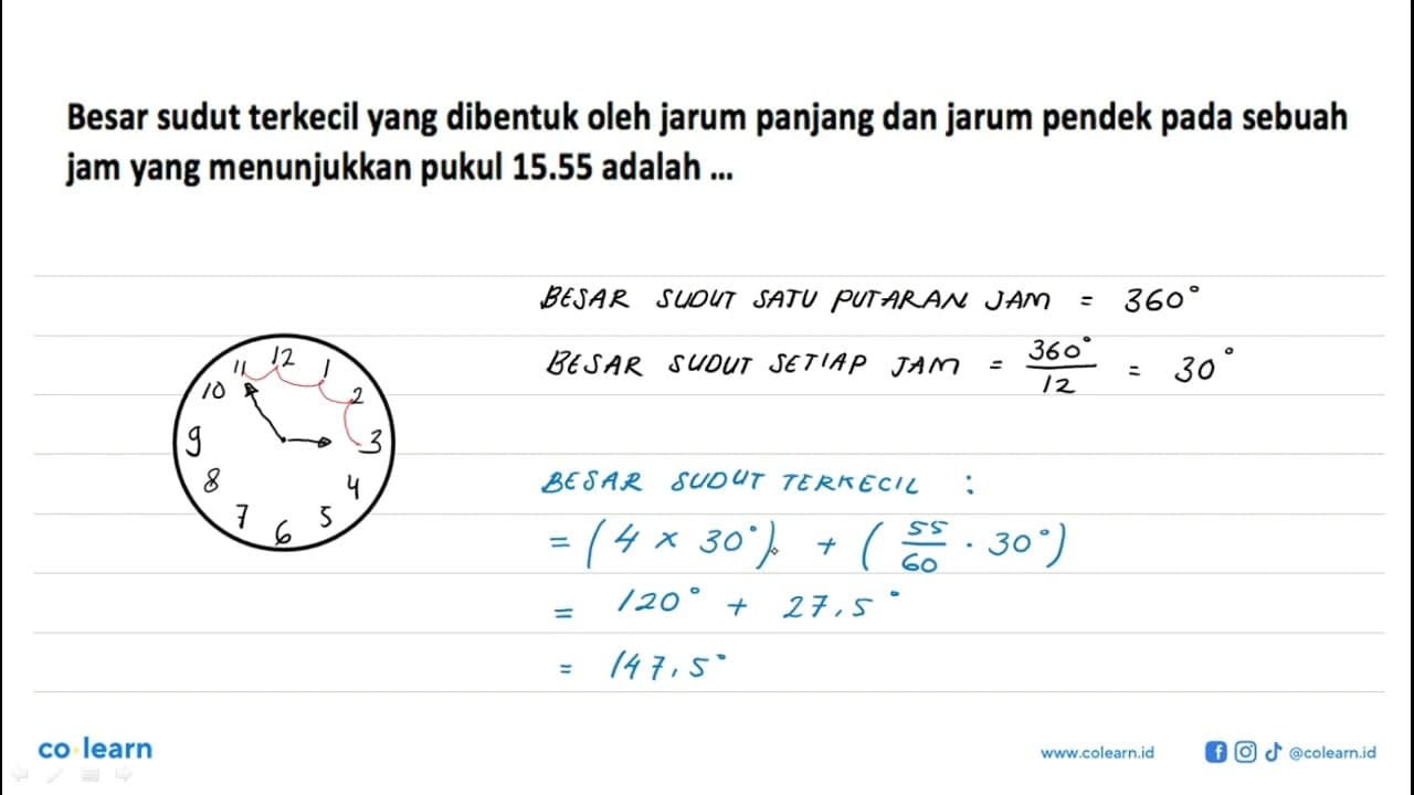 Besar sudut terkecil yang dibentuk oleh jarum panjang dan