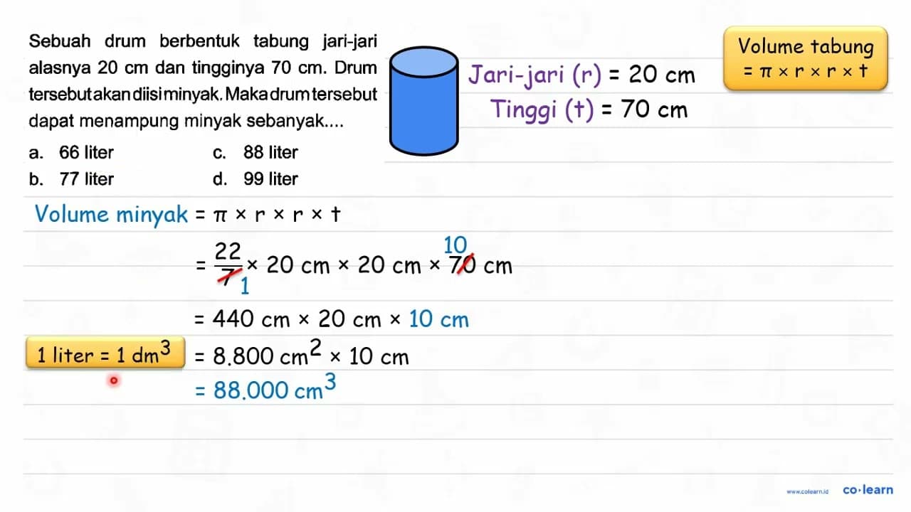 Sebuah drum berbentuk tabung jari-jari alasnya 20 cm dan