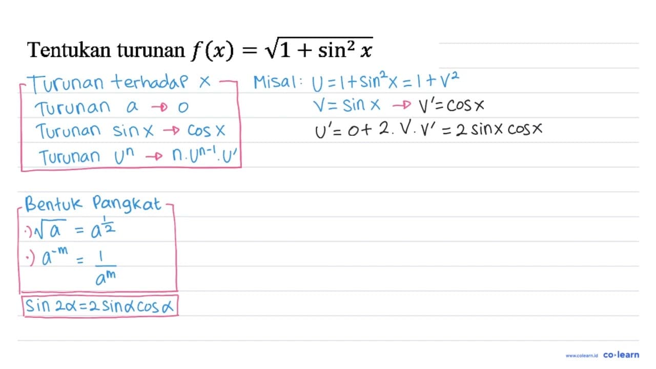 Tentukan turunan f(x)=akar(1+sin^2 x)