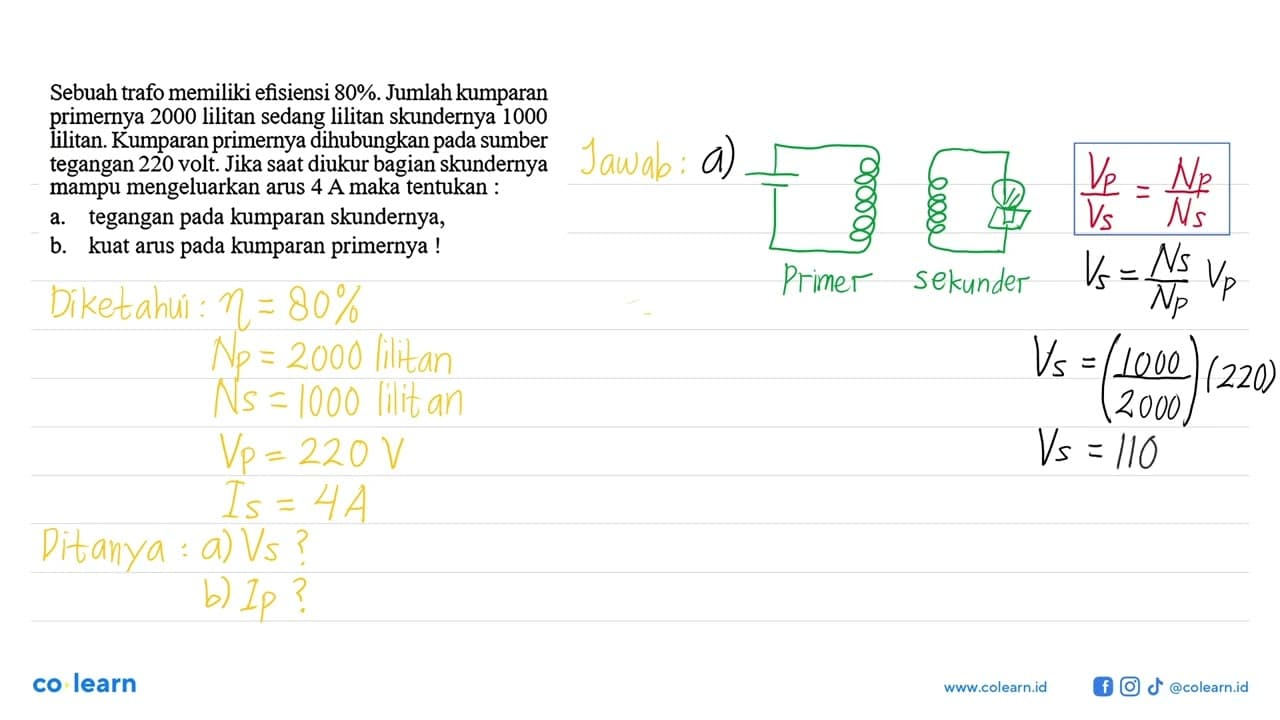Sebuah trafo memiliki efisiensi 80% . Jumlah kumparan
