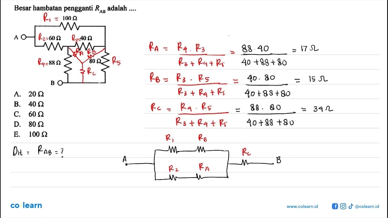 Besar hambatan pengganti RAB adalah .... 100 Ohm 60 Ohm 40