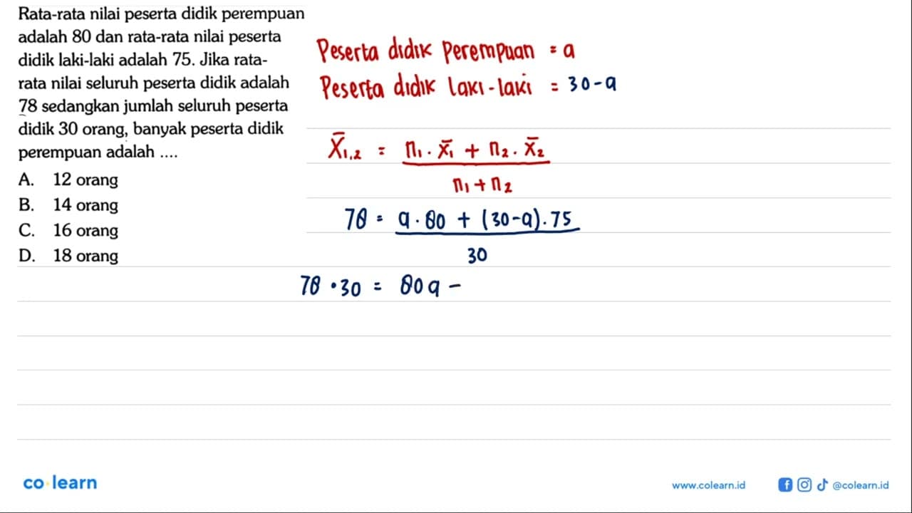 Rata-rata nilai peserta didik perempuan adalah 80 dan