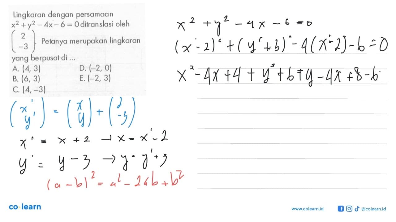 Lingkaran dengan persamaan x^2+y^2-4x-6=0 ditranslasi oleh