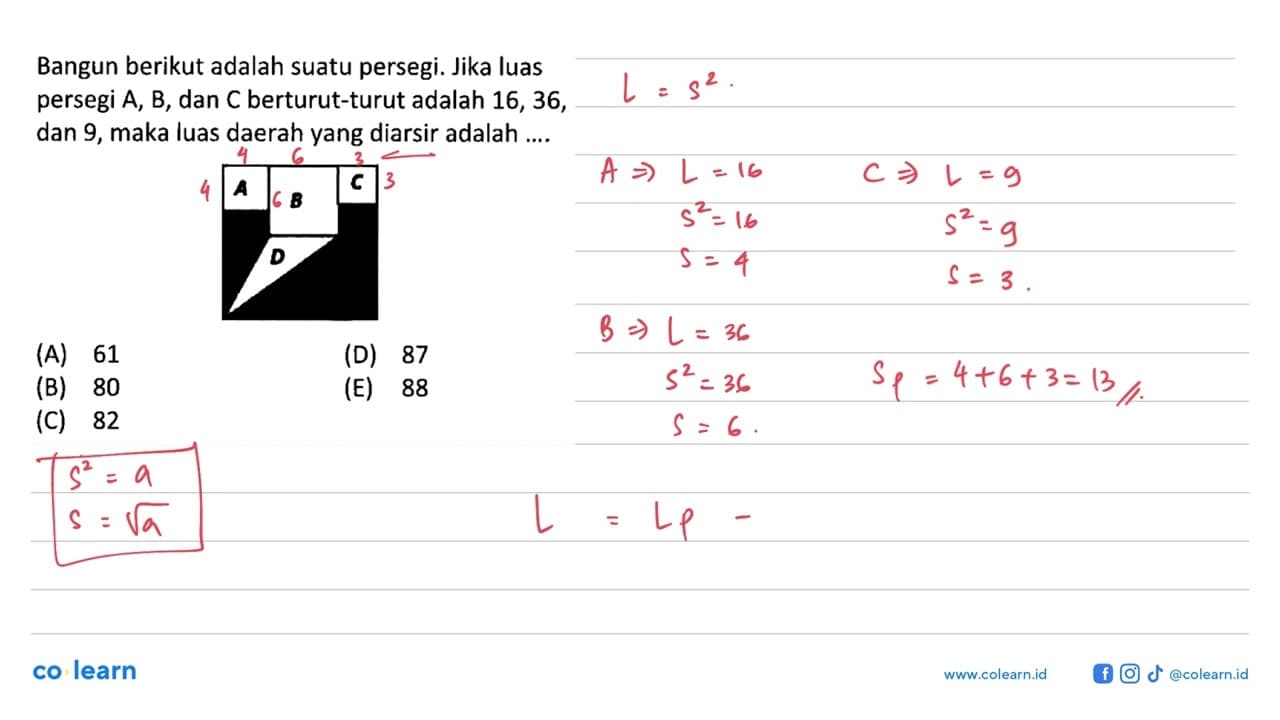 Bangun berikut adalah suatu persegi. Jika luas persegi A,