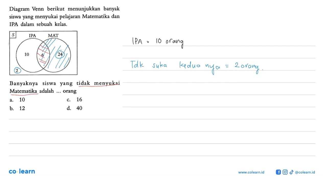 Diagram Venn berikut menunjukkan banyak siswa yang menyukai