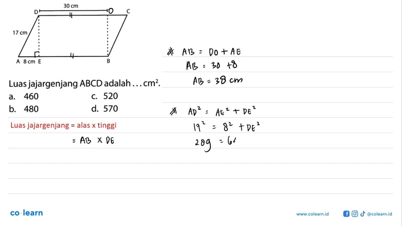 Luas jajargenjang ABCD adalah ... cm^2 .D 30 cm C 17 cm A 8