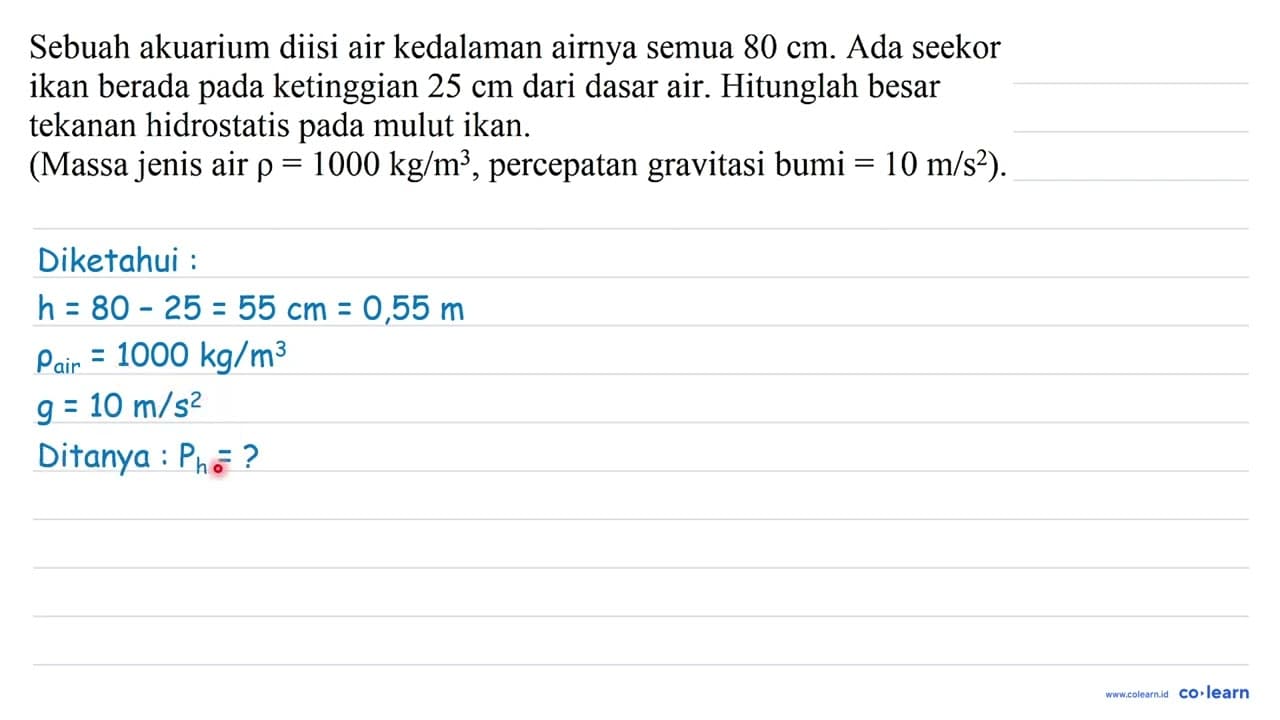 Sebuah akuarium diisi air kedalaman airnya semua 80 cm .