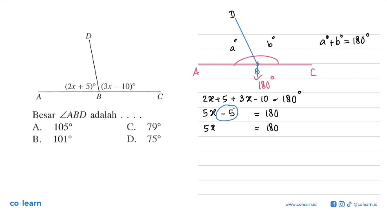 (2x+5) (3x-10) Besar sudut ABD adalah....