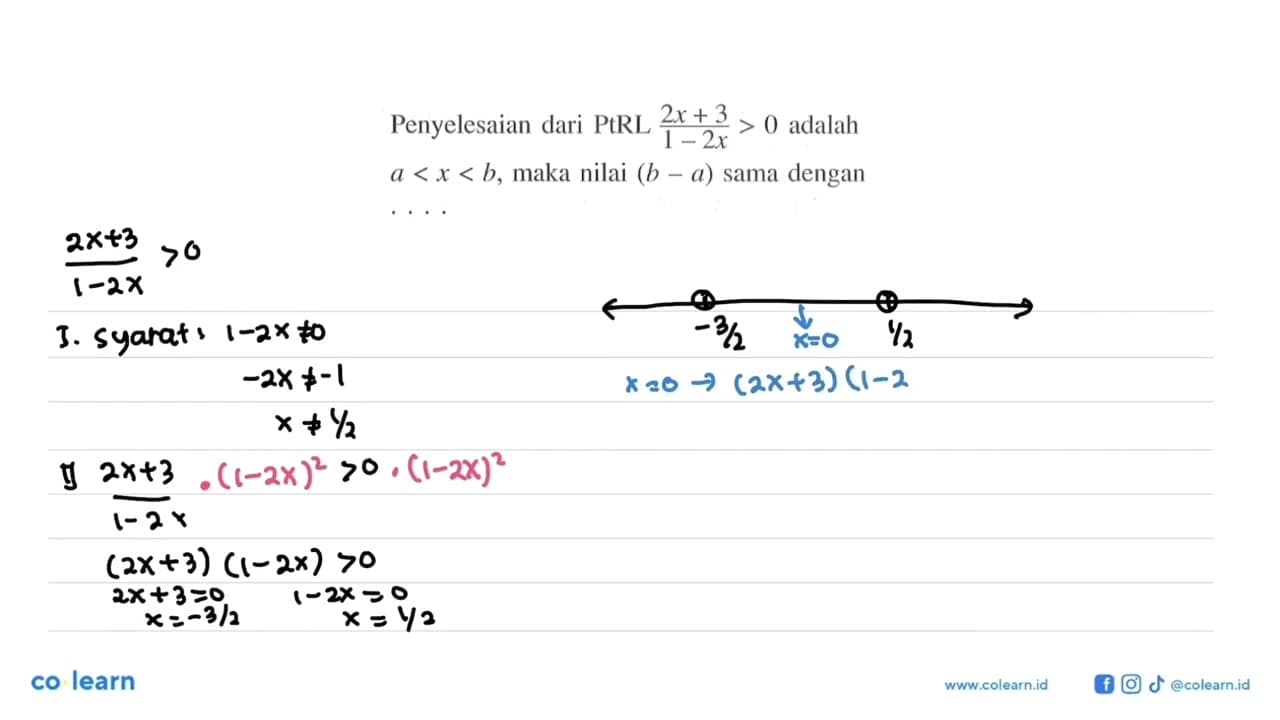 Penyelesaian dari PtRL (2x+3)/(1-2x)>0 adalah a<x<b, maka