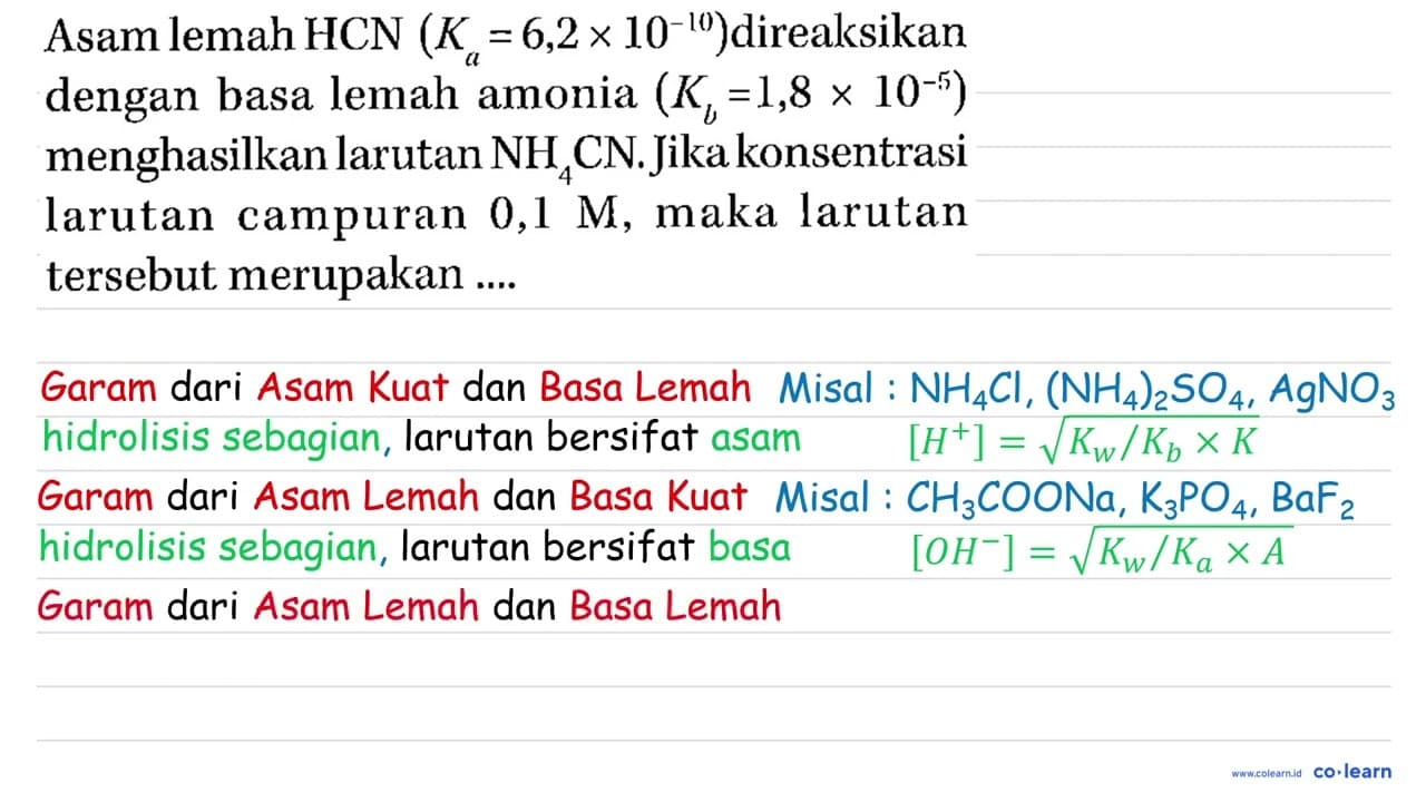 Asam lemah HCN (Ka = 6,2 x 10^(-10)) direaksikan dengan