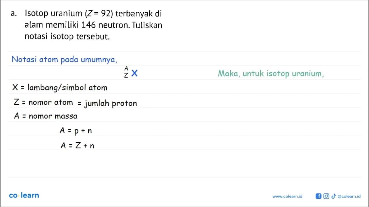 a. Isotop uranium (Z=92) terbanyak di alam memiliki 146