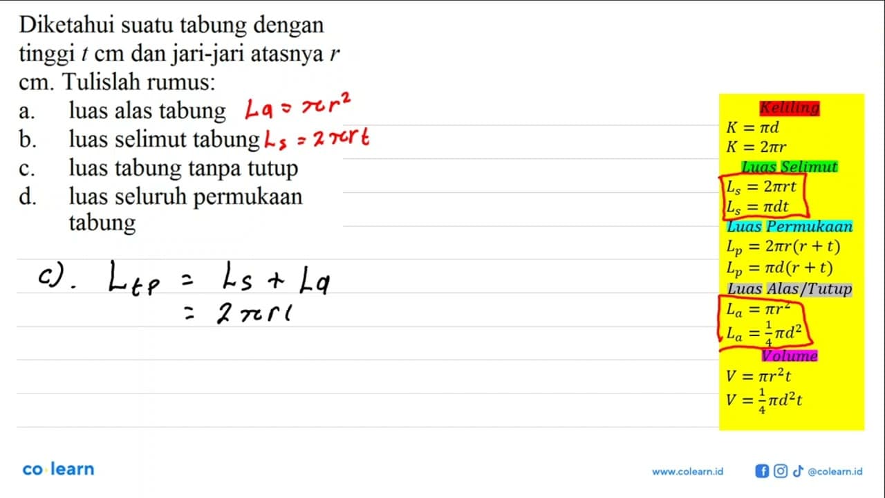 Diketahui suatu tabung dengan tinggi t cm dan jari-jari