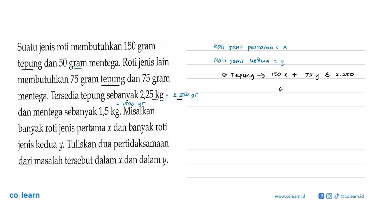 Suatu jenis roti membutuhkan 150 gram tepung dan 50 gram