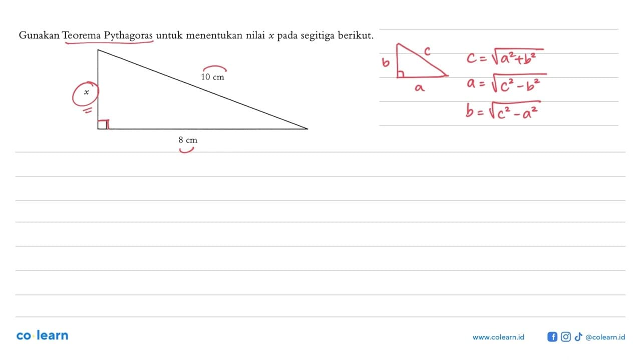 Gunakan Teorema Pythagoras untuk menentukan nilai x pada