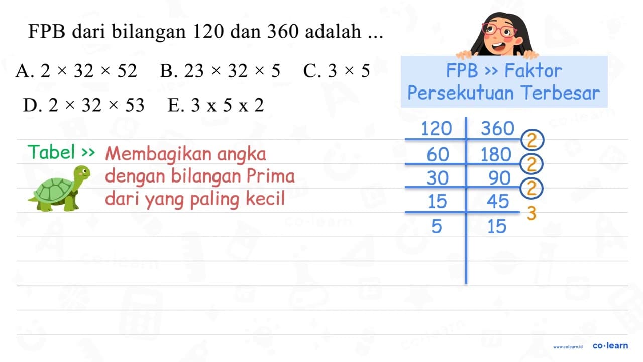 FPB dari bilangan 120 dan 360 adalah ... A. 2 x 32 x 52 B.